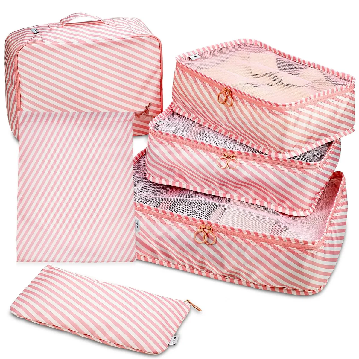 Six-piece packing cube set in nylon with mesh panels and double stitching