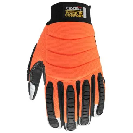 Pair of large black impact gloves with reflective fingertips and adjustable wrist straps