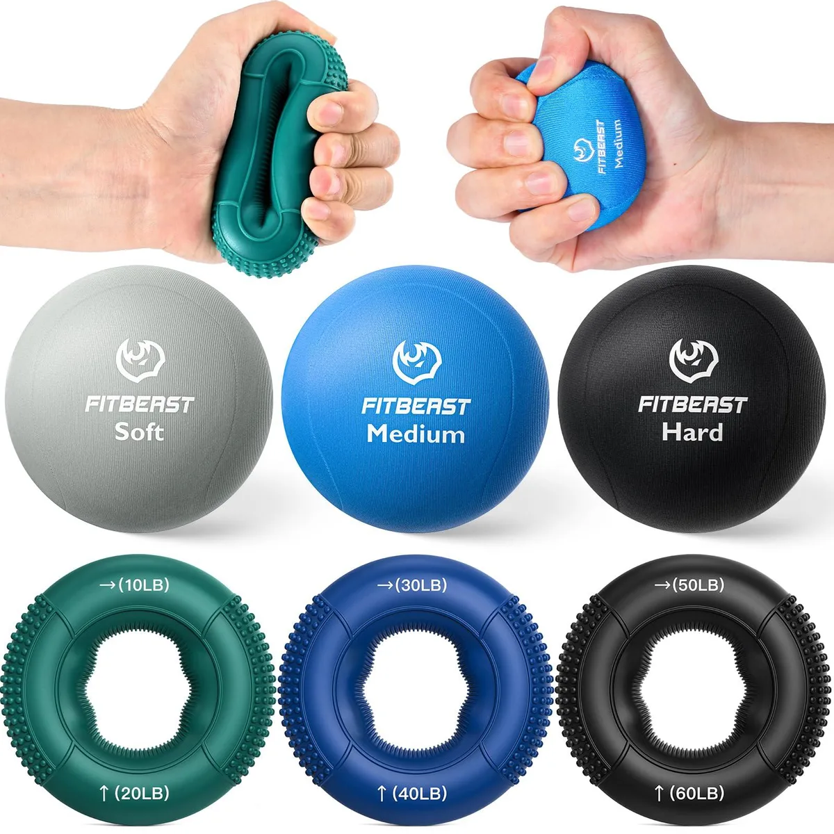 Six cool-toned hand therapy tools: three textured rings and three stress balls