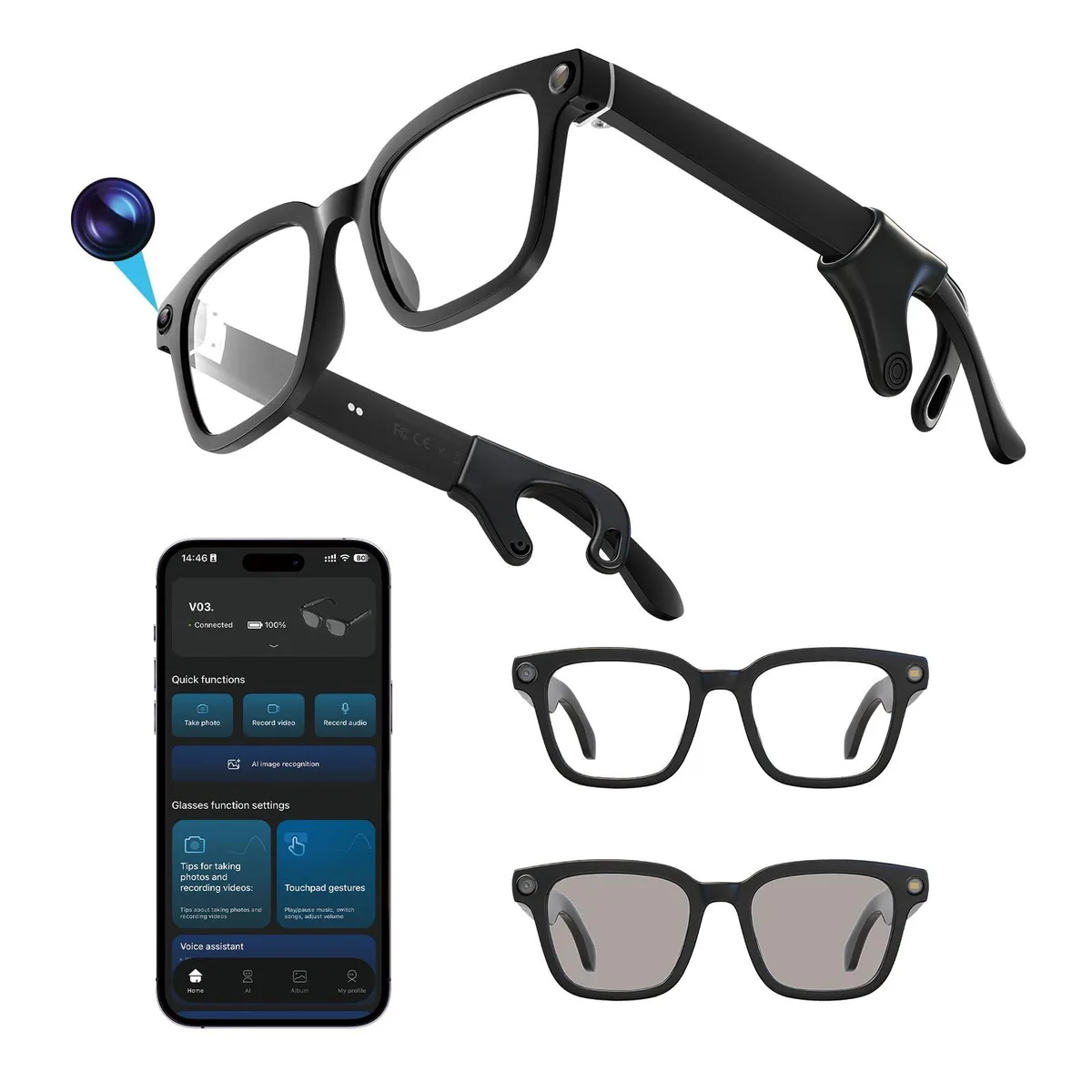  Jxpuk V03 Smart Glasses 8MP 1080P eyeglass frame — product photo