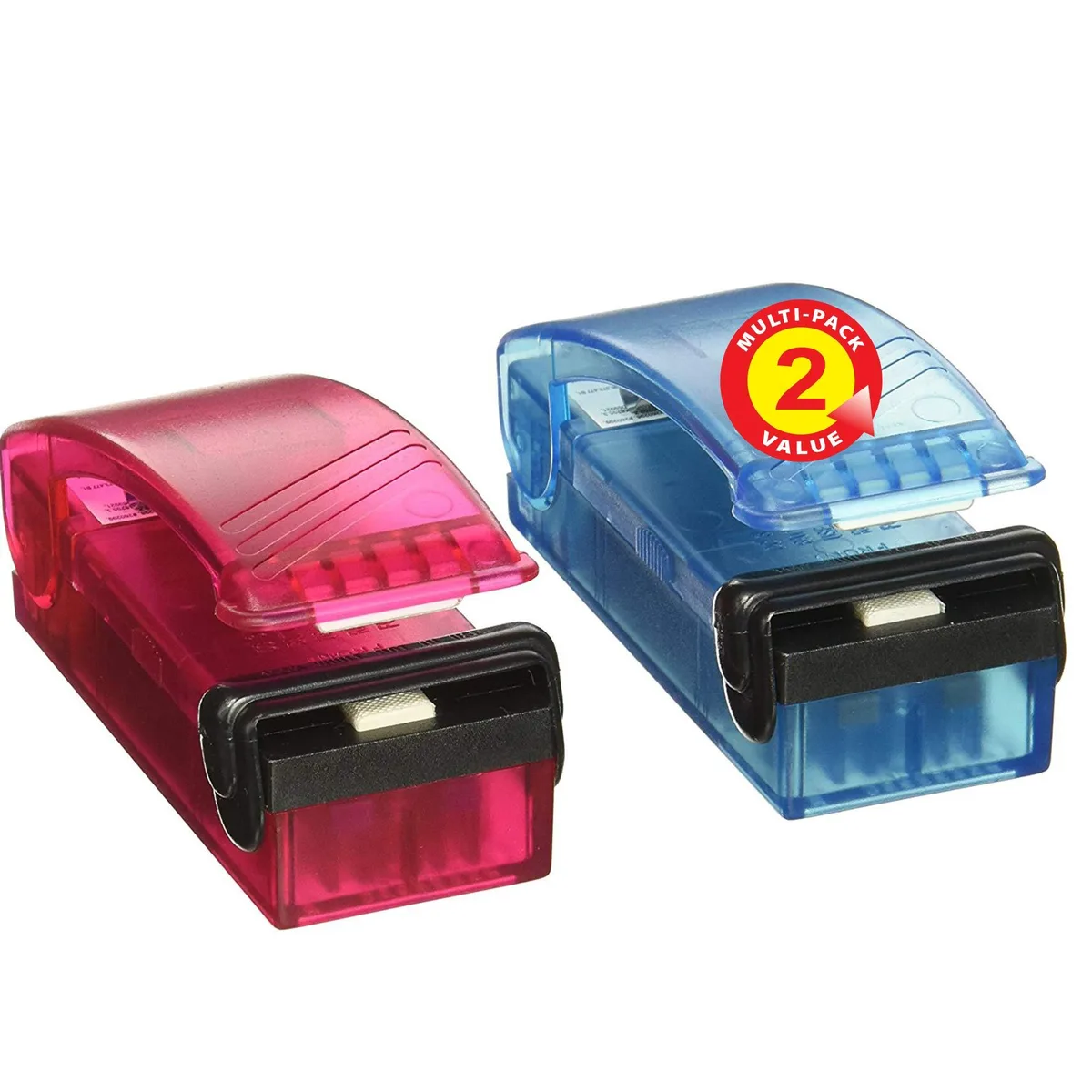 Two red handheld heat bag sealers, compact plastic with magnetic backing
