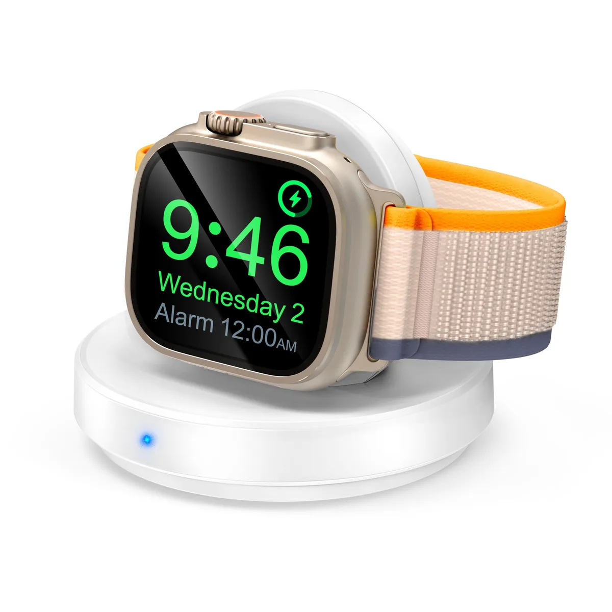 White magnetic charging dock for Apple Watch, upright stand form factor