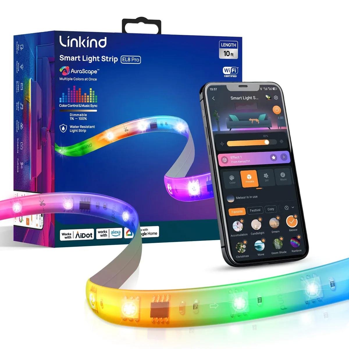 White plastic LED strip light coiled, 10ft RGB segments, app and voice control