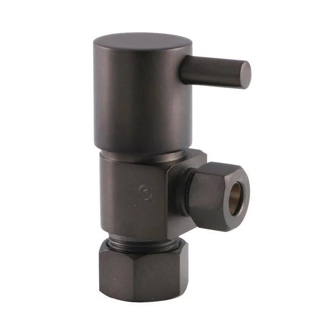 Small brass angle stop valve, oil-rubbed bronze finish, quarter-turn handle, compact cylindrical body