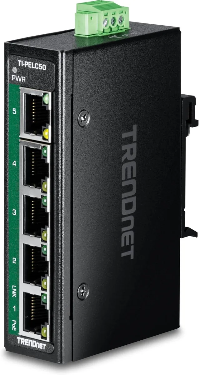 TRENDnet TRENDnet TI-PELC50 5-Port Industrial Fast Ethernet PoE+ DIN-Rail Mini Switch — product photo