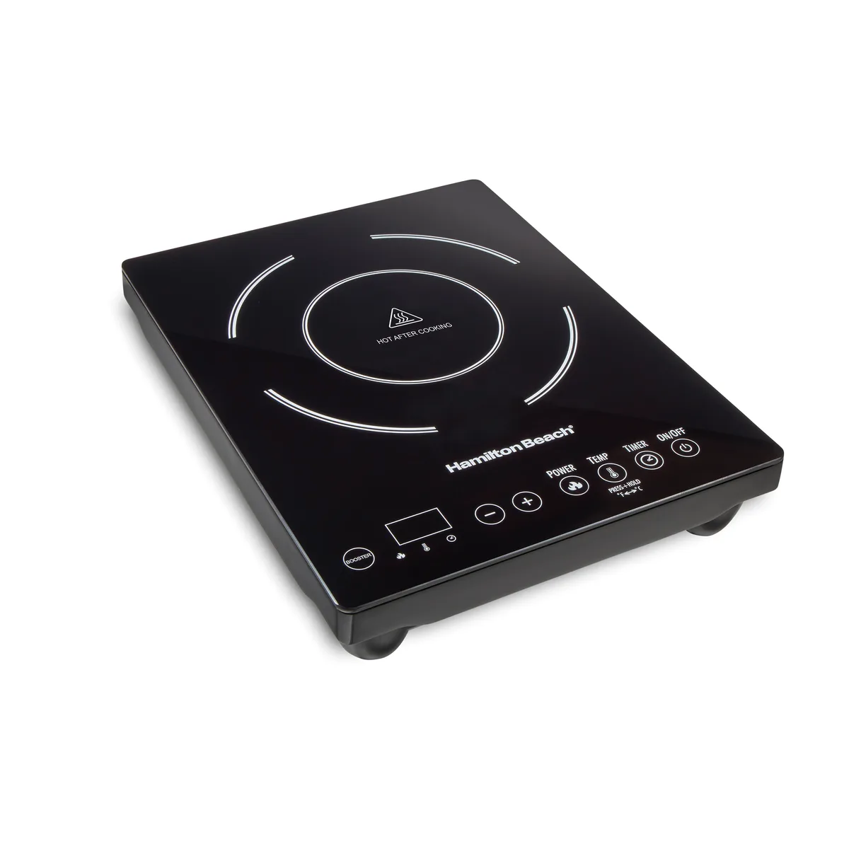 Silver rectangular induction cooktop with single circular heating zone and control panel