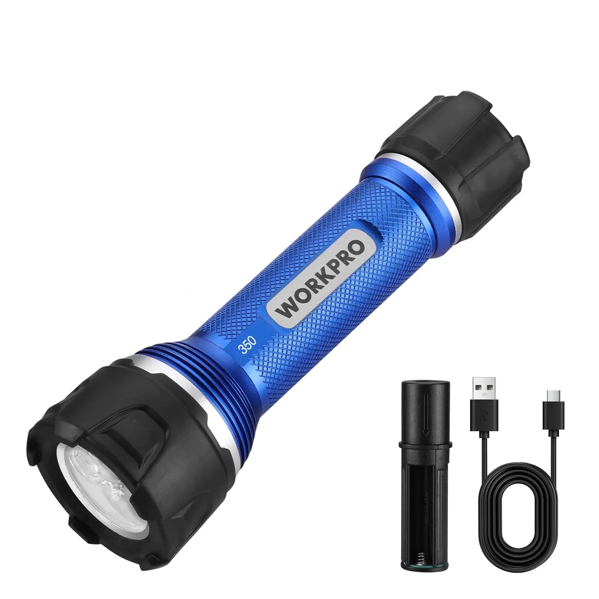 Cylindrical blue and black aluminium flashlight with rubber-protected head