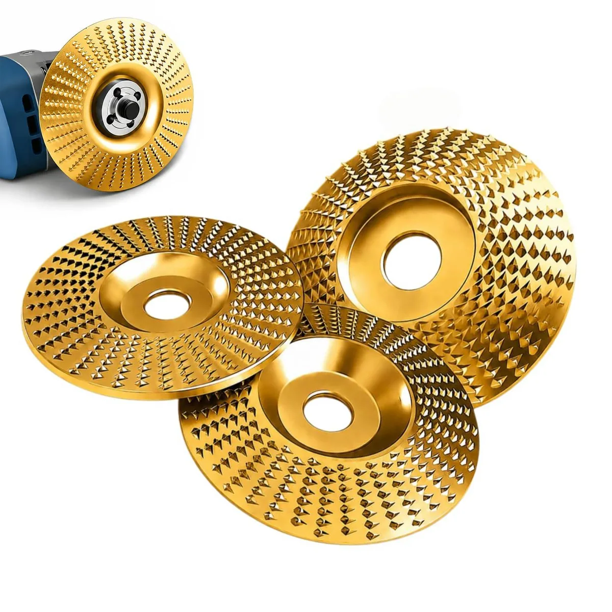 Three gold-coloured angle-grinder discs with conical teeth