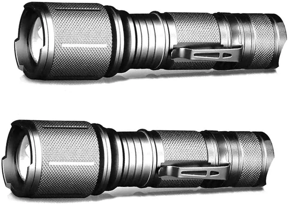 Two silver tactical flashlights with zoomable heads and aircraft-grade aluminum bodies