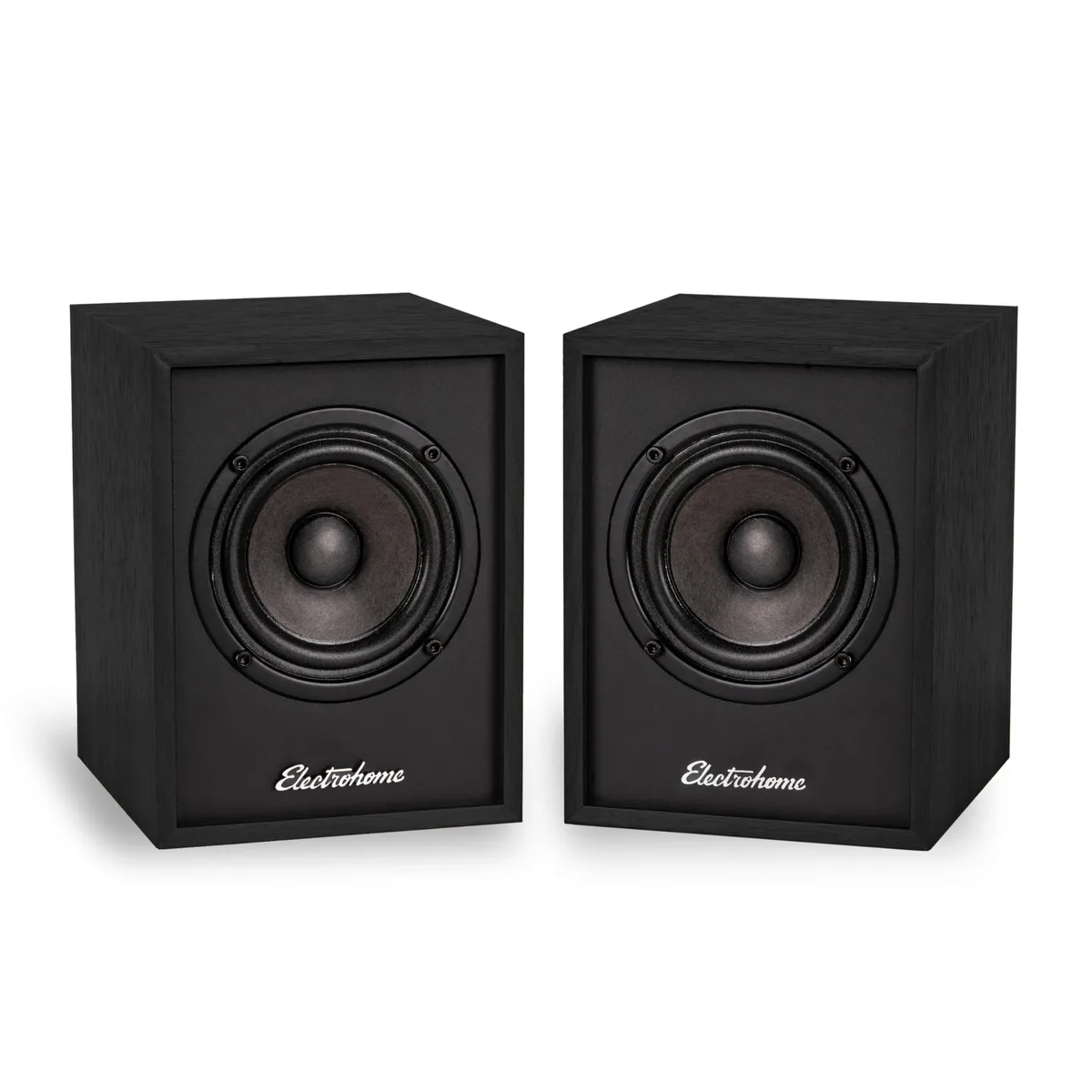 Pair of black wood bookshelf speakers with 3-inch drivers