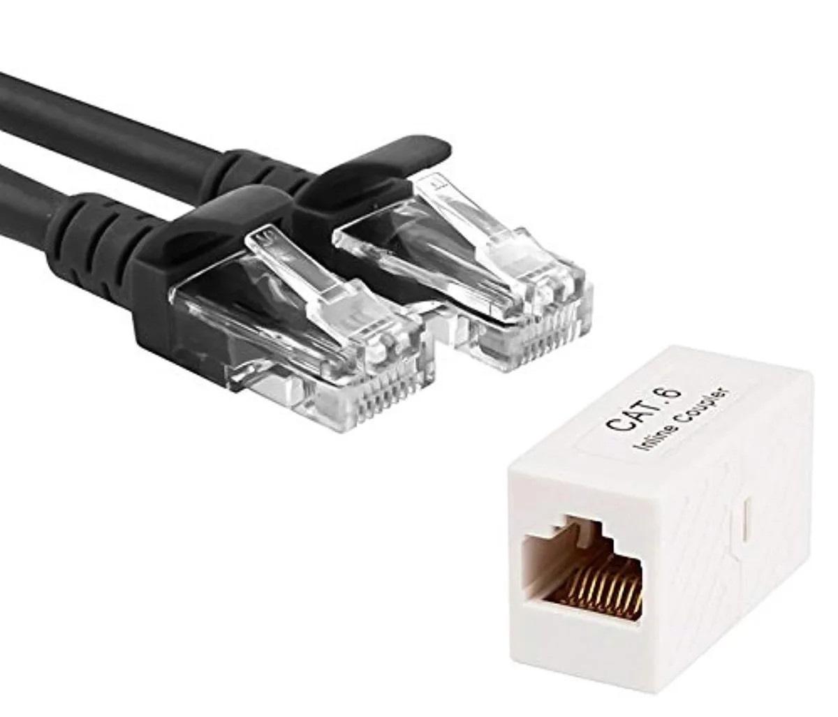 Monoprice Inc. Monoprice Inc. 25 ft Cat6 550MHz 24AWG snagless network ethernet cable black with RJ45 inline coupler — product photo