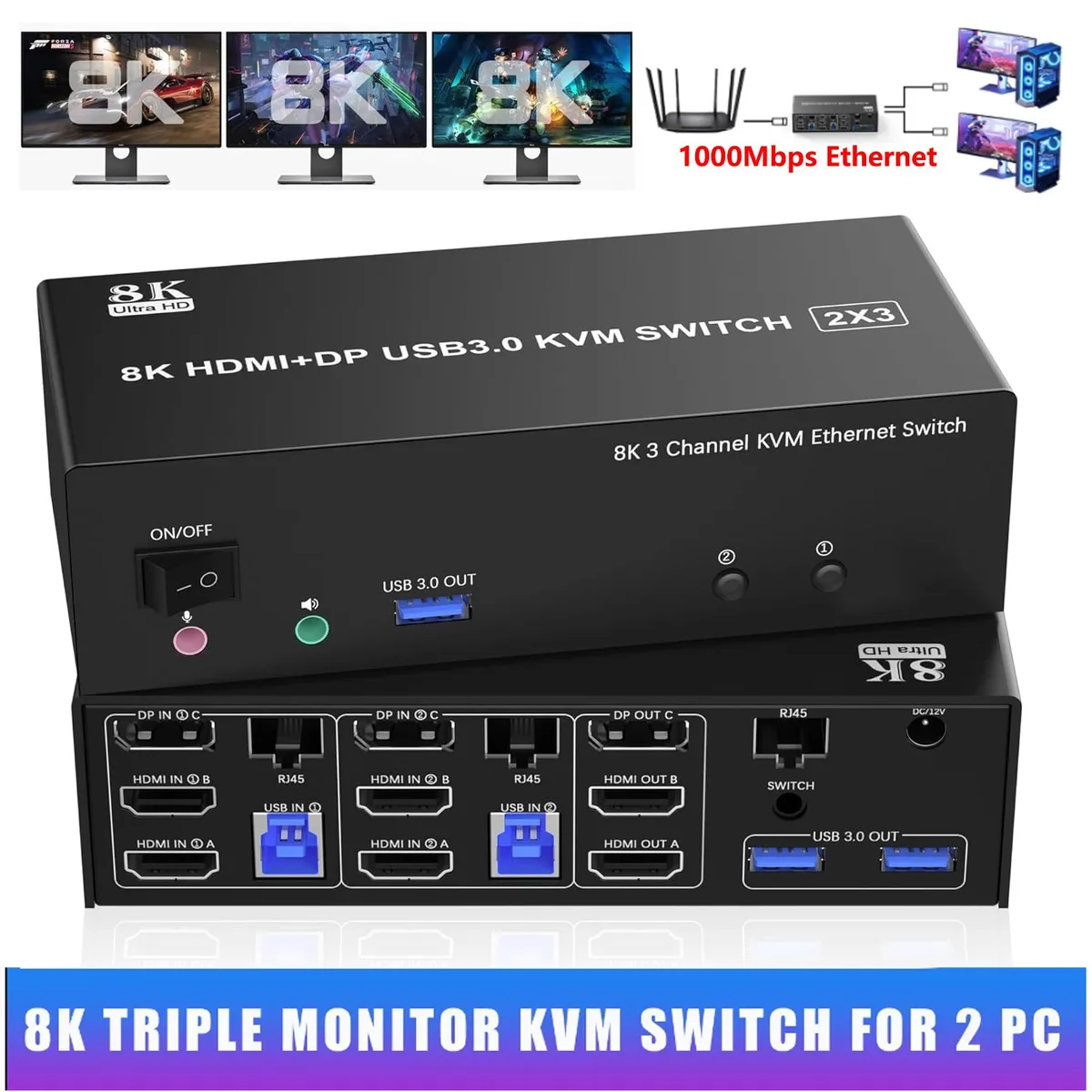 Hitoor Hitoor KVM Switch 3 Monitors 2 Computers 8K@60Hz 4K@144Hz 2 HDMI + DisplayPort — product photo