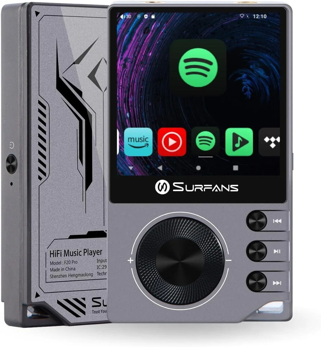Gray rectangular portable music player with touchscreen and metal body