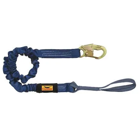 Blue polyester shock-absorbing lanyard with steel snap hook and web loop, 54 in max length