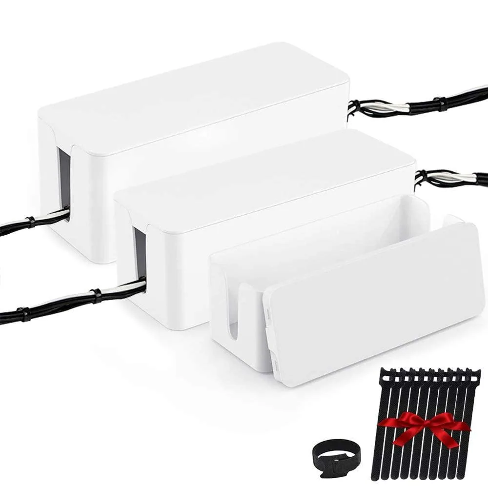 Three white rectangular cable management boxes with lids, varying sizes, sitting on a flat surface