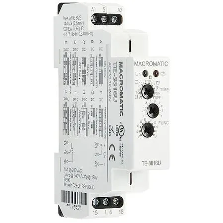 Square Macromatic TE-8816U relay with potentiometer and six screw terminals
