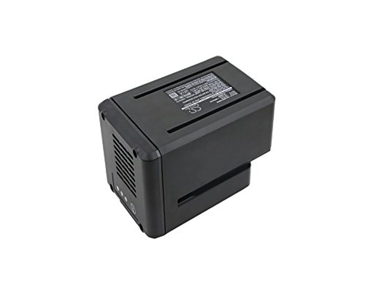 Rectangular black lithium-ion power-tool battery with yellow label, 132.70 x 85.30 x 79.10 mm