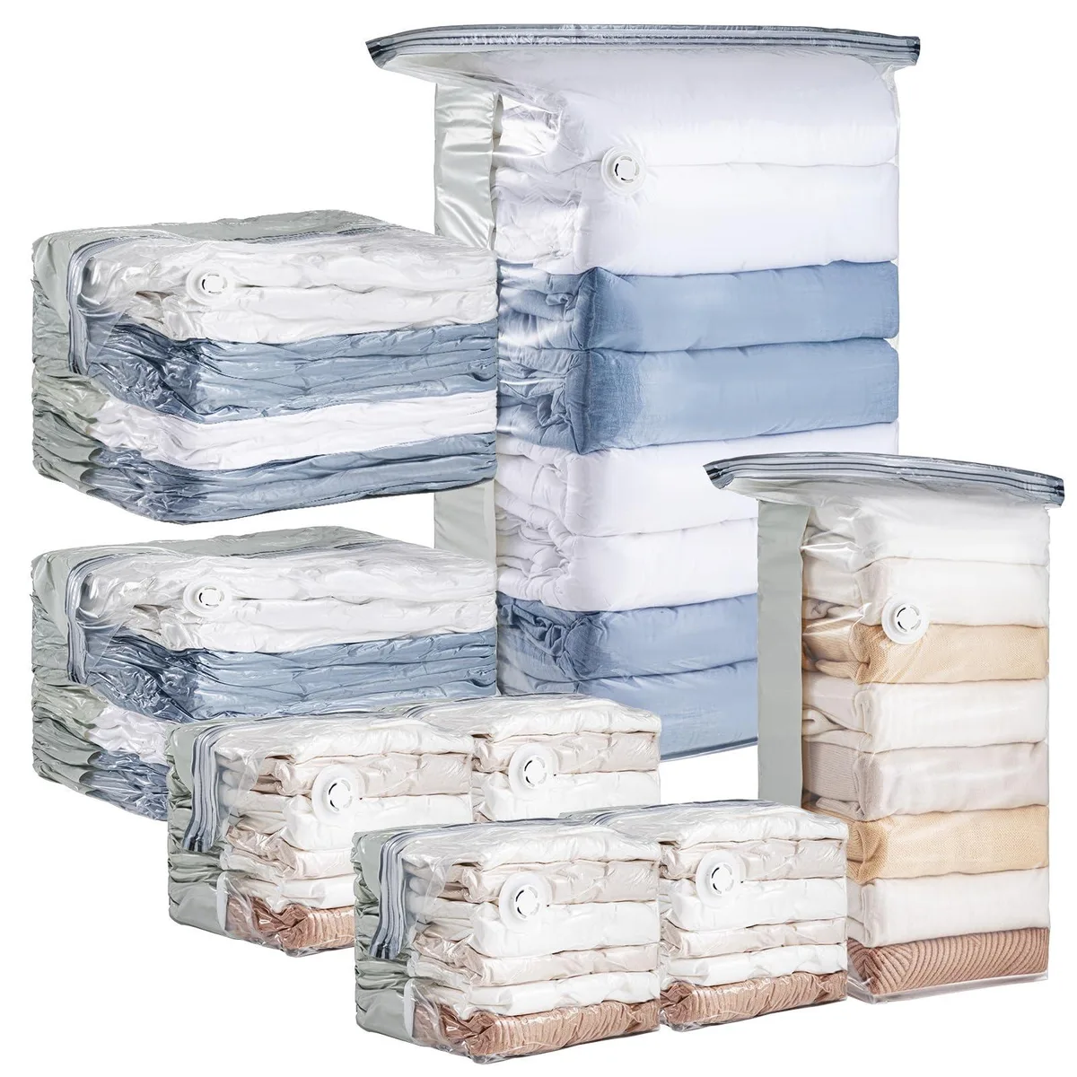 Eight cube vacuum bags, three jumbo and five medium, translucent plastic with slider zips and twist valves
