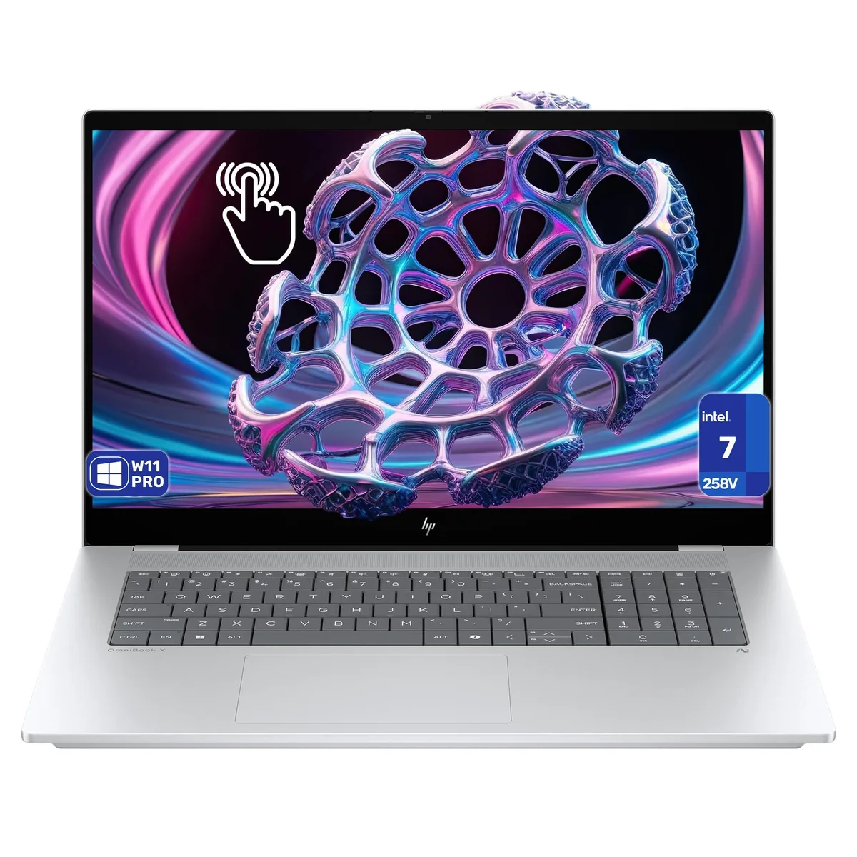 HP HP OmniBook X-4 laptop Intel Ultra 7 258V 32 GB 4 TB 17.3" FHD touchscreen Arc 140V Glacier Silver — product photo
