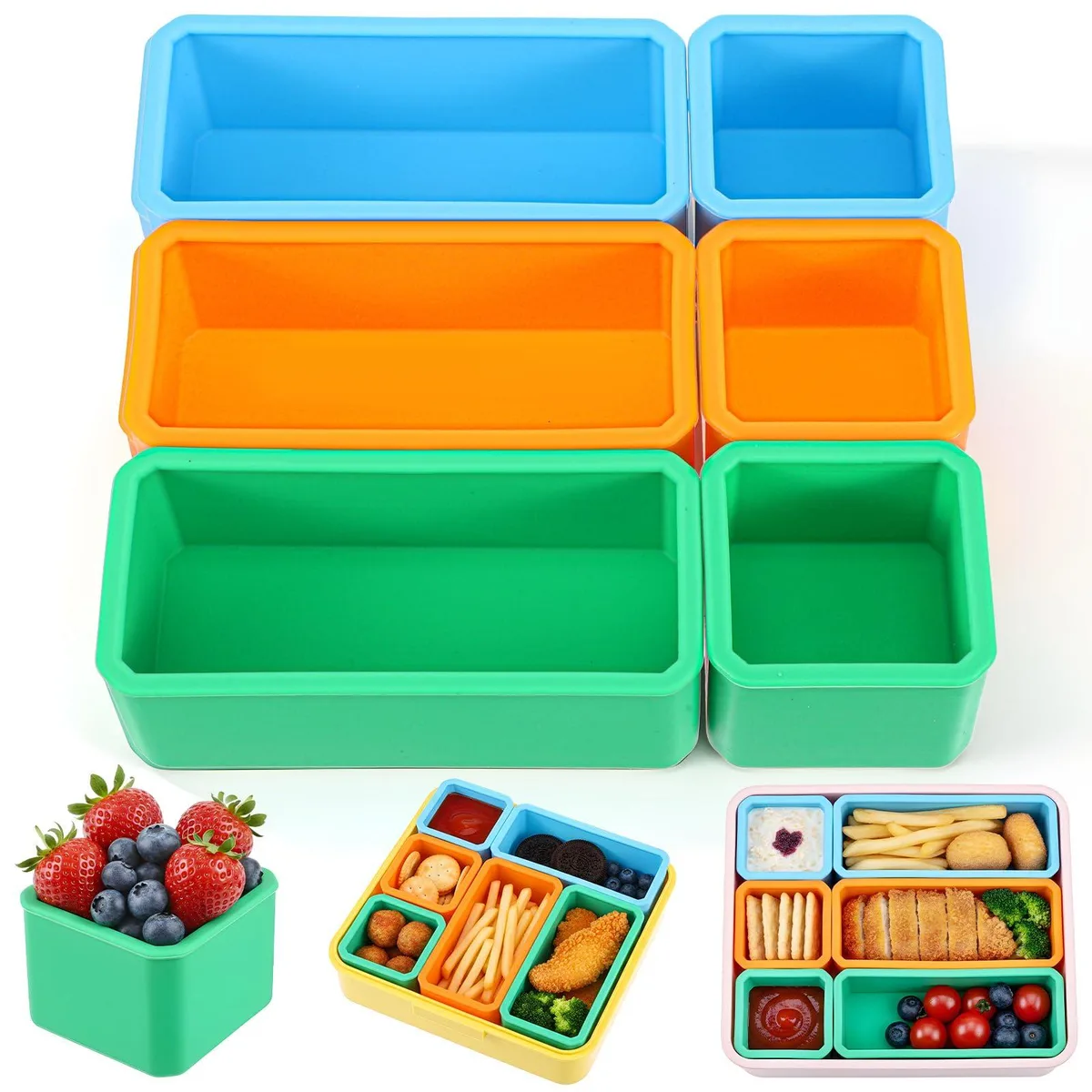 Six rectangular silicone containers with lids in blue green orange