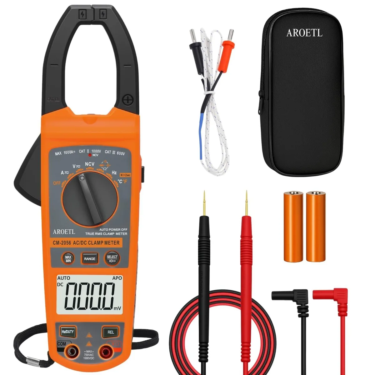 Yellow handheld digital clamp meter with backlit LCD display and jaw opening