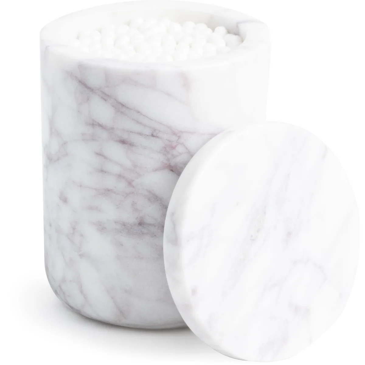 White marble bathroom canister with removable lid, 4.25 inches tall by 3 inches wide