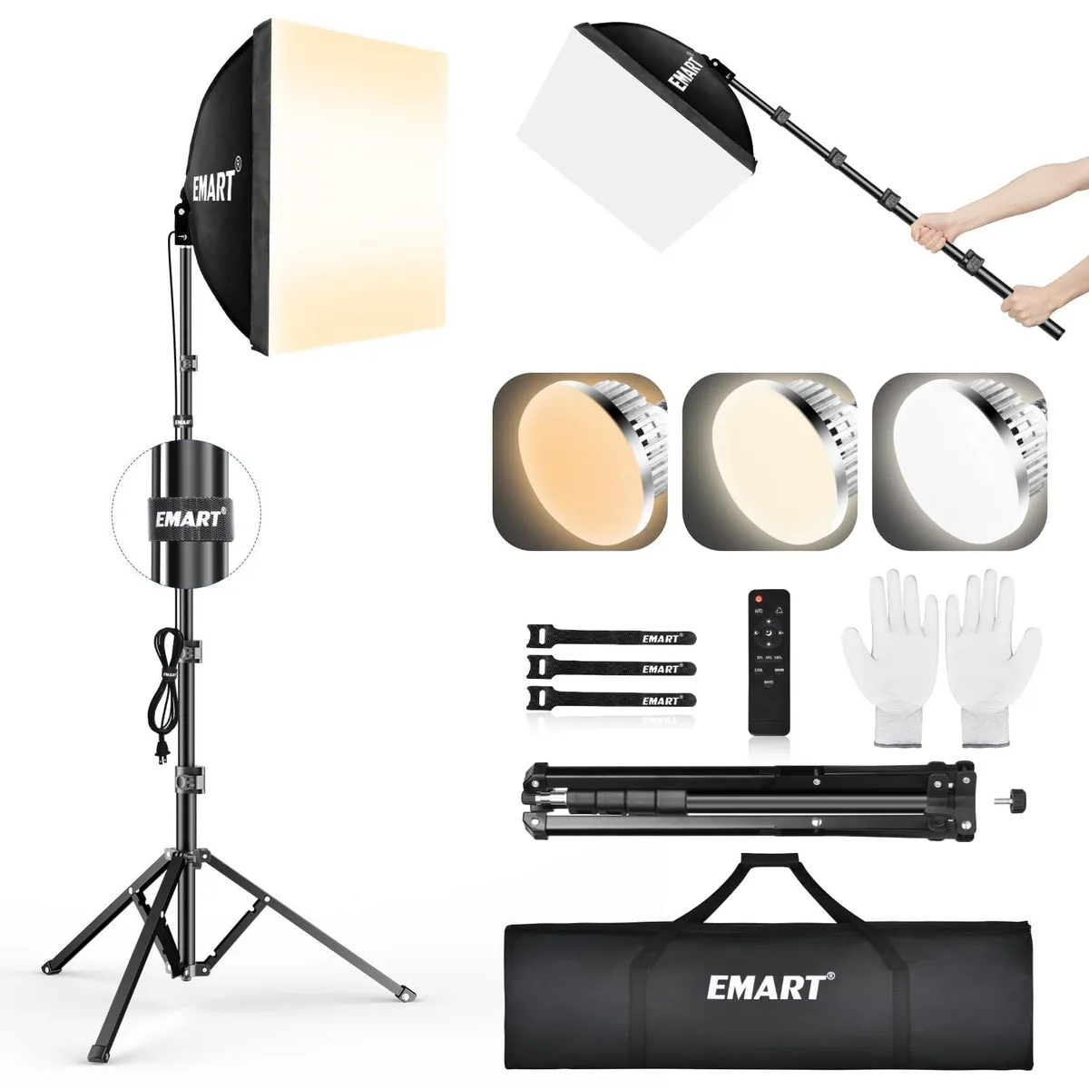 EMART EM-SBK1616-BR 16"x16" Softbox Lighting Kit 85W LED 3000K-6000K 65" Tripod Remote — product photo