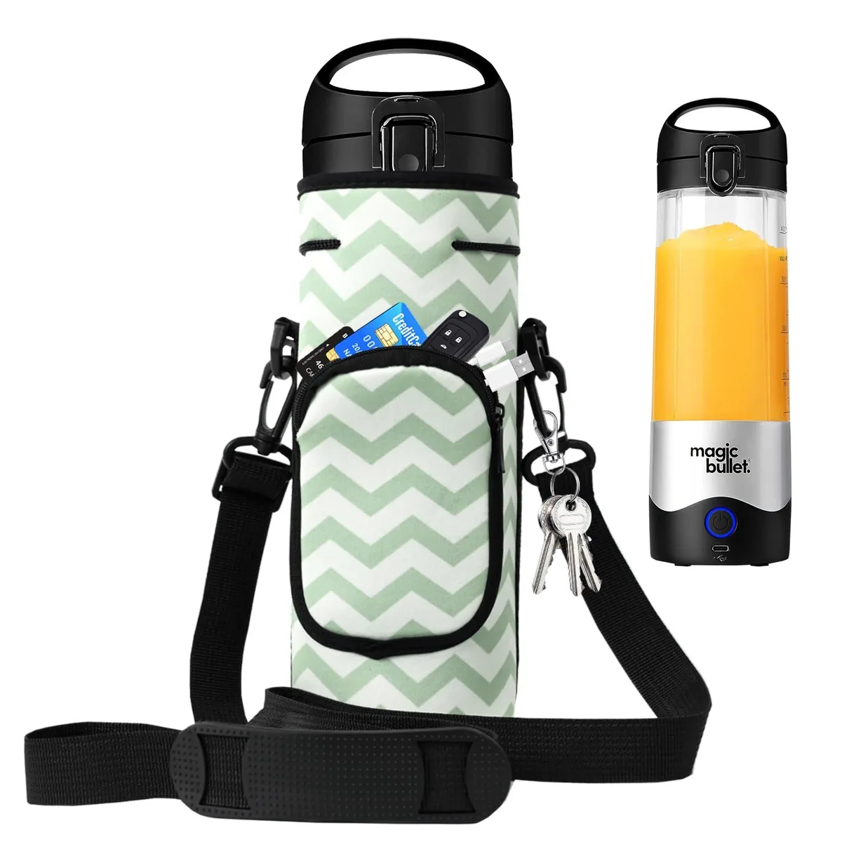 White and green neoprene carrying case with adjustable shoulder strap and external pocket