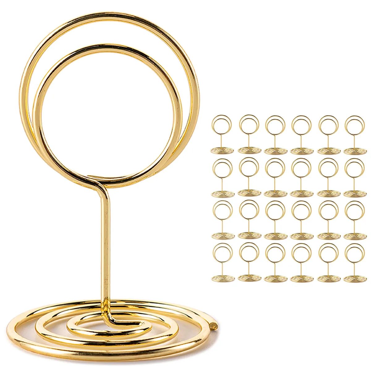 26 gold metal table number holders with wire clips and wide round bases