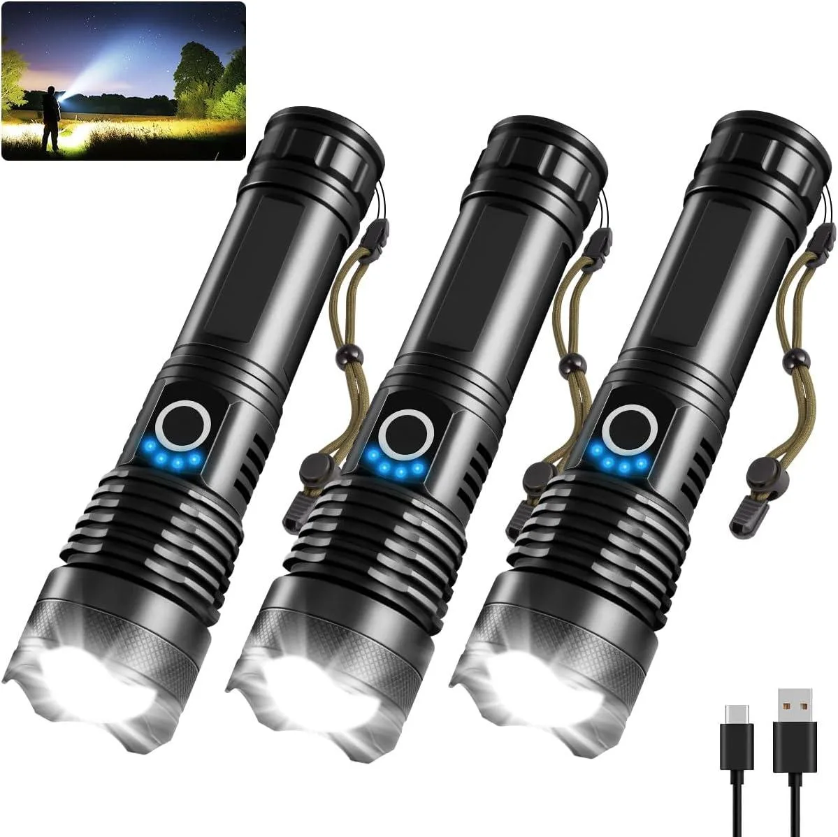 Three compact aluminium flashlights with Type-C charging cables, each weighing 6.8 ounces