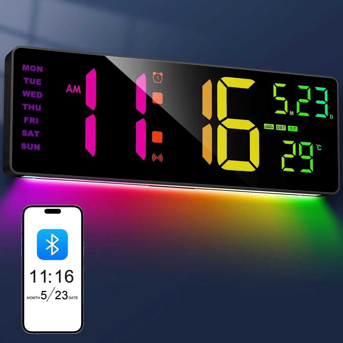 Rectangular 16.3 inch digital wall clock with RGB LED display and nightlight feature