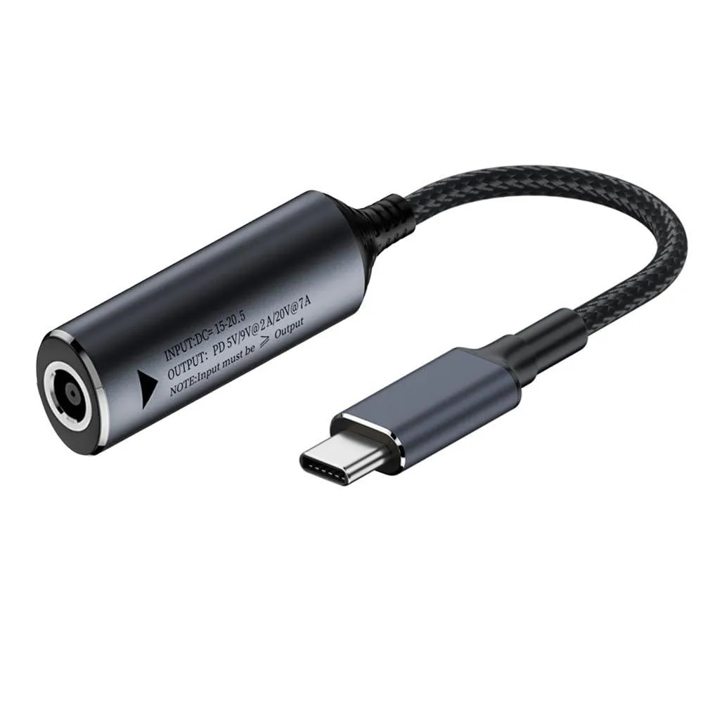 Short braided cable with DC barrel plug 7.9 by 5.4 mm and USB-C connector
