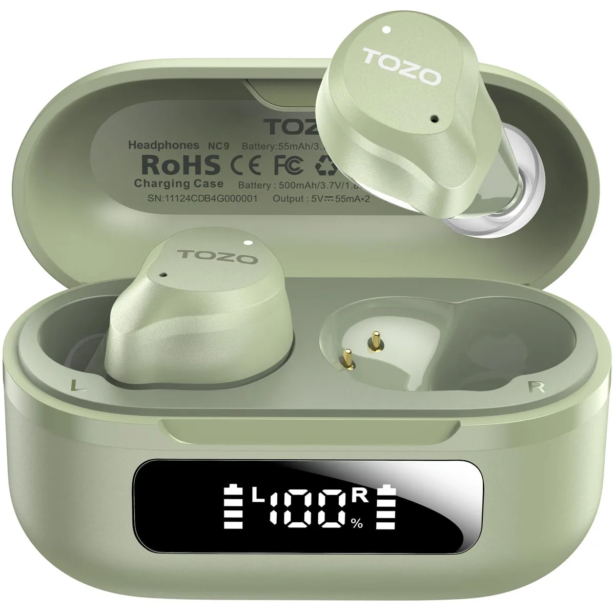 TOZO Store TOZO NC9 Green Hybrid ANC Wireless Earbuds 59H 45dB 6 Mic IPX8 32EQ 10mm 14-20KHz — product photo