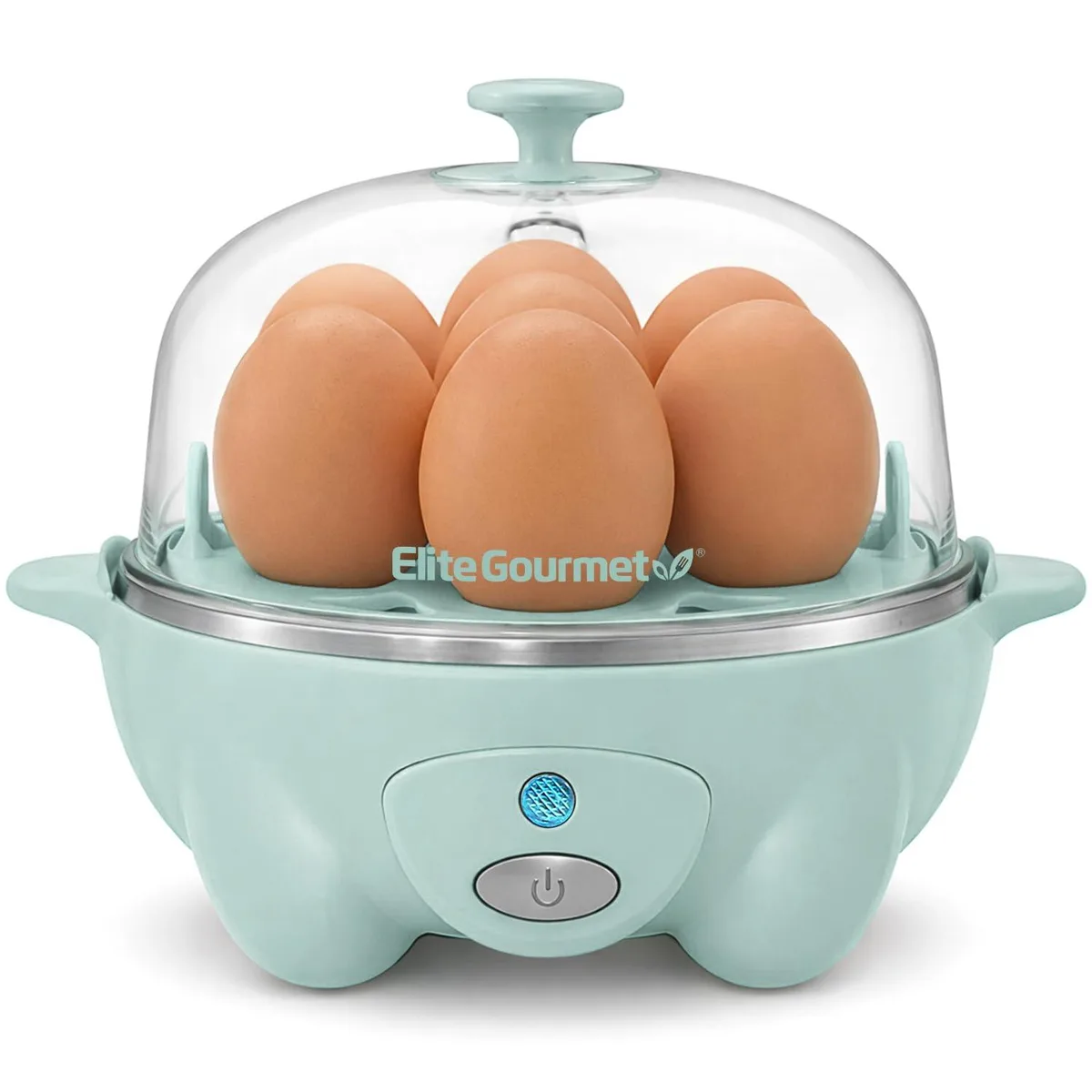 White electric egg cooker with clear lid and 14 oz capacity