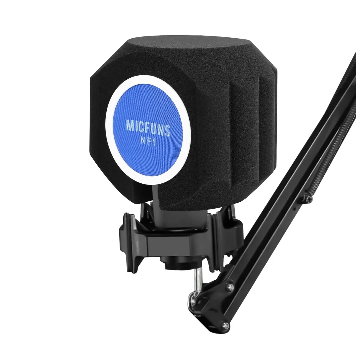 Blue circular pop filter on a flexible gooseneck arm with clamp