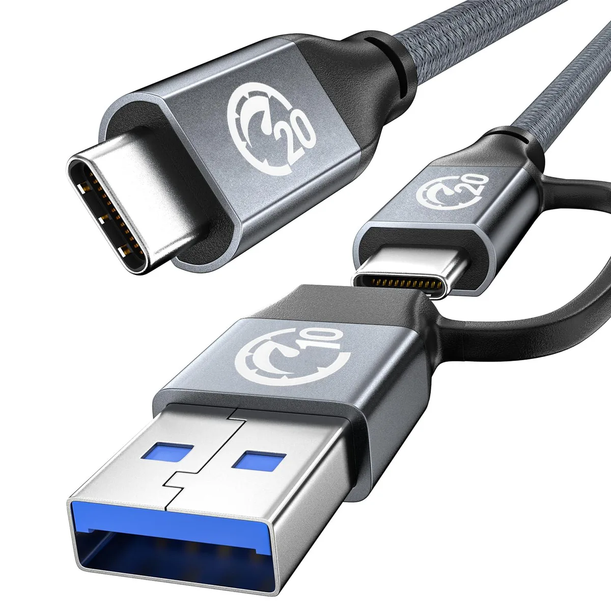 Gray nylon-braided USB-C cable 6.6 ft with USB-A adapter