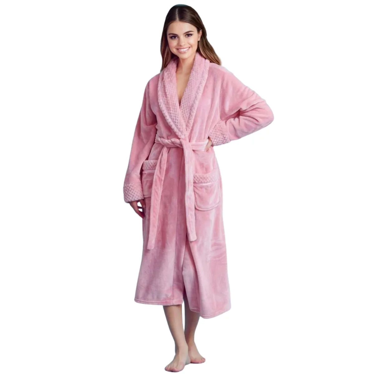 Pink plush fleece bathrobe with shawl collar and front pockets
