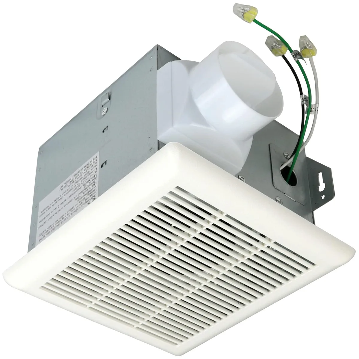 White rectangular bathroom exhaust fan housing with 3-inch duct outlet visible