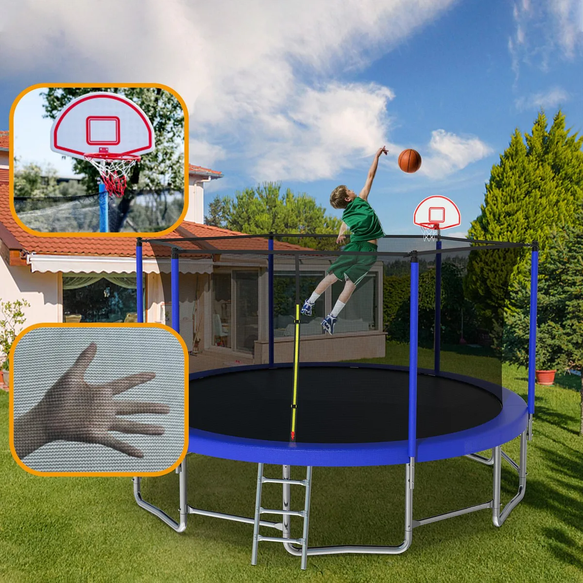 MERSCO MERSCO 16ft Trampoline with Basketball Hoop & Enclosure Net - Blue — product photo