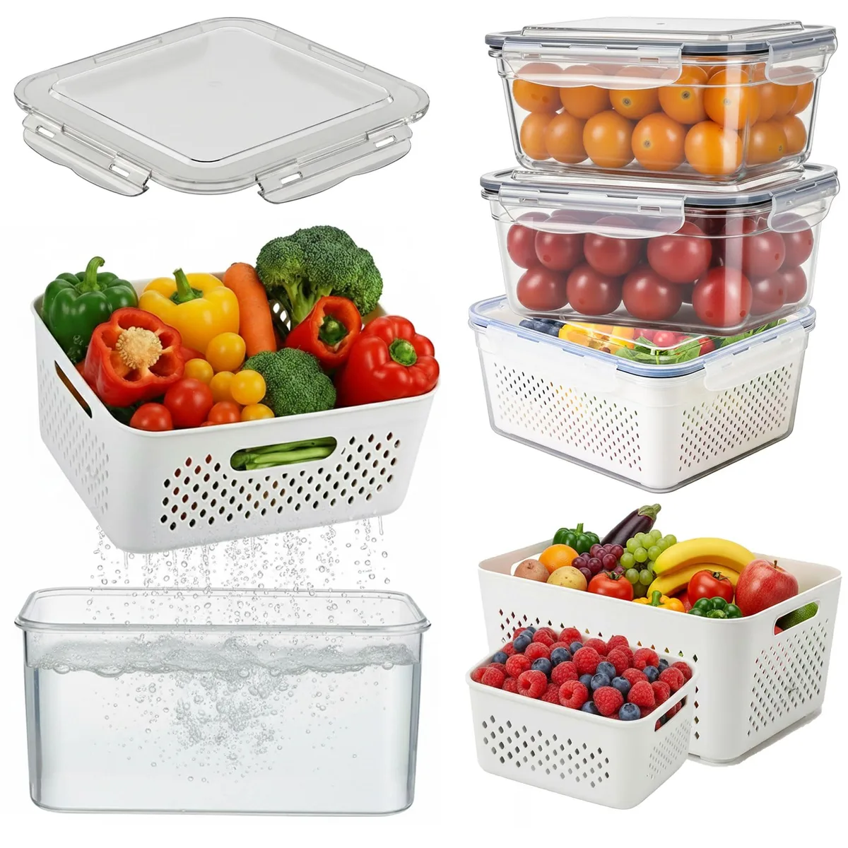 Five red plastic food containers with lids and colanders, sizes 300ml to 4300ml