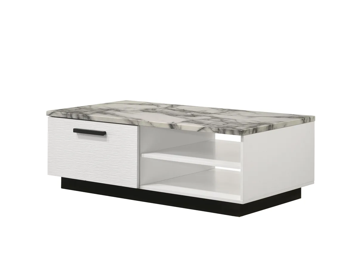 White rectangular coffee table with faux marble top, one drawer, open shelves, black base