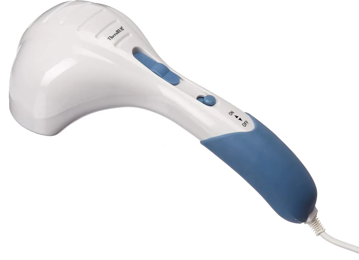 White dual-head percussion massager with long cord and rubber grip