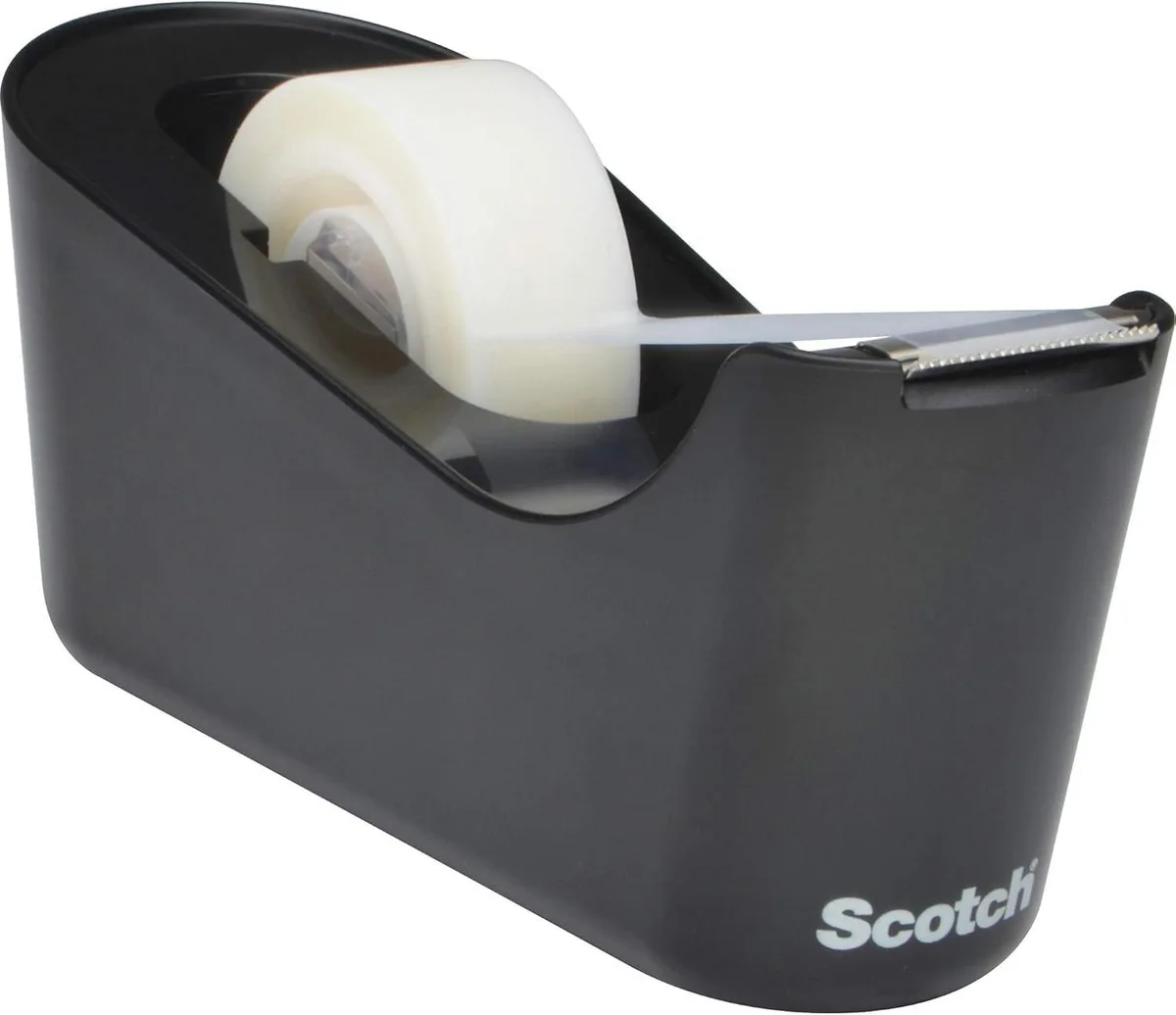 Black plastic desktop tape dispenser with non-skid base and cutting blade