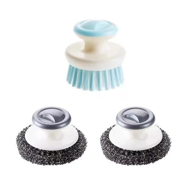 Two stainless steel wool scrubbers with handles and one dish brush in a cleaning kit
