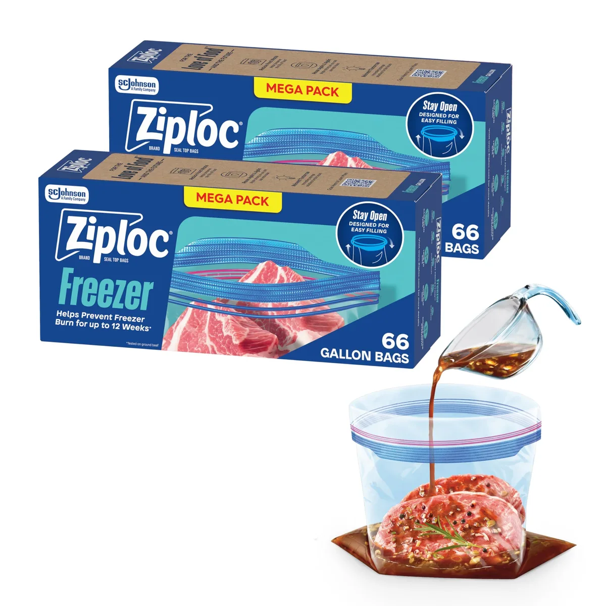 Pack of 132 beige stand-up freezer bags with zipper closure