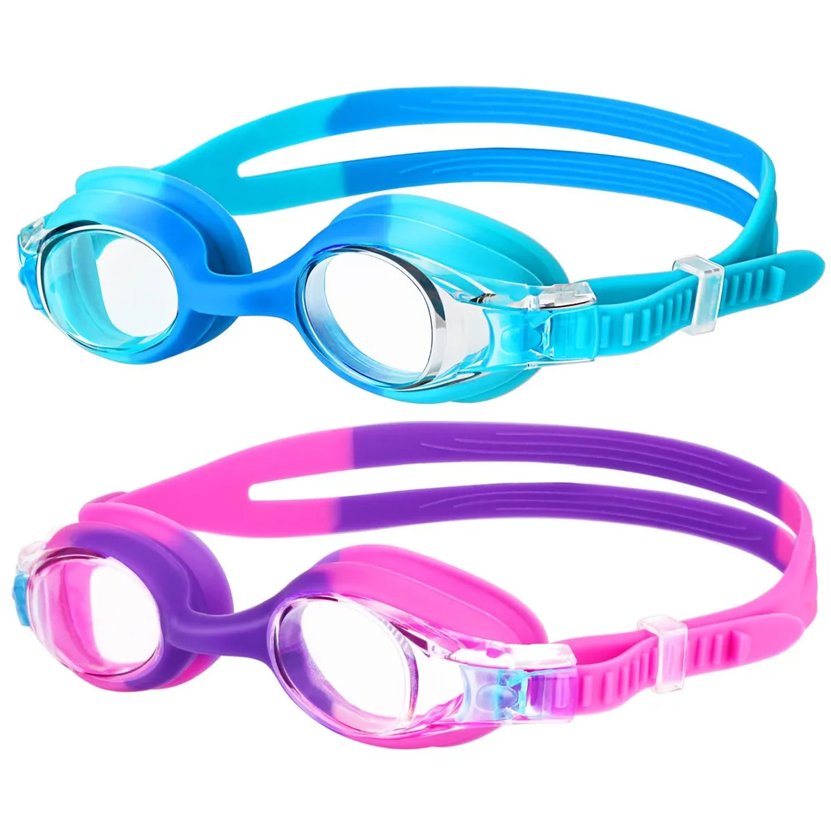 Two blue kids' swim goggles in a travel case
