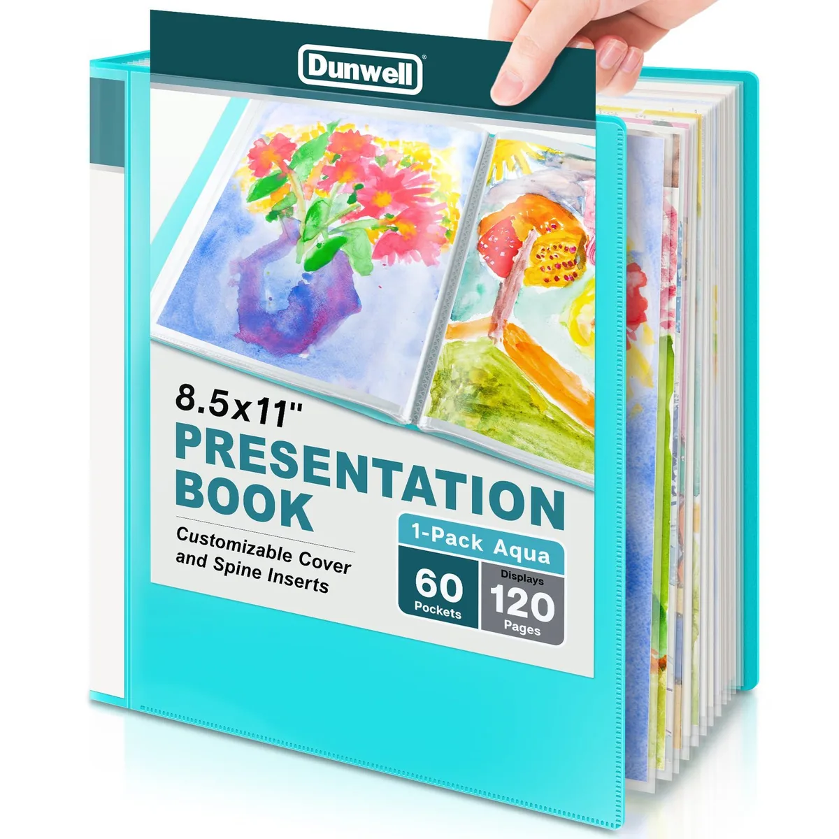 Aqua presentation binder with 60 clear pockets displaying 120 letter-size pages