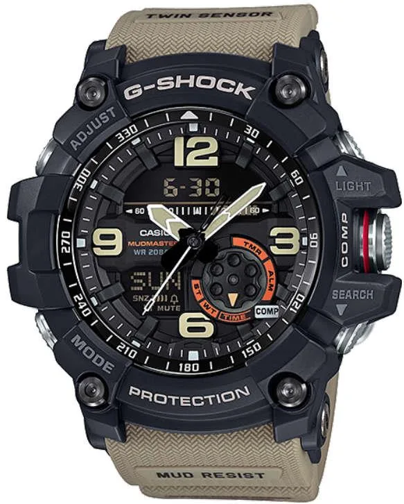 Black resin G-Shock Mudmaster with analog-digital dial, compass and thermometer, 56.2 mm case, mineral crystal, 200 m water resistance