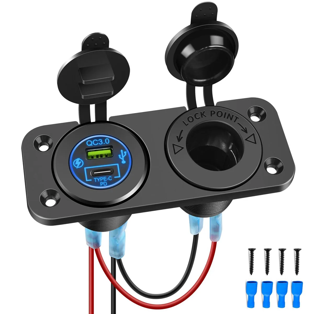 Rectangular panel with USB-C, USB-A ports and 12V socket, black finish
