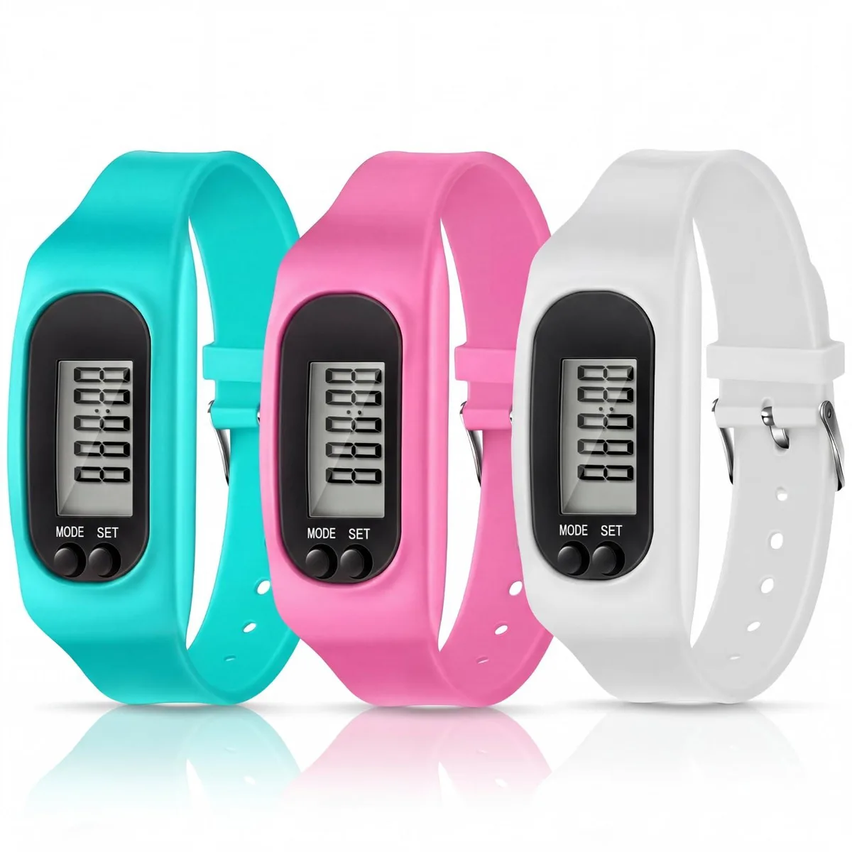  Kenning GM5263 Pedometer Tracker Watch 3-Pack Pink White Mint Green — product photo